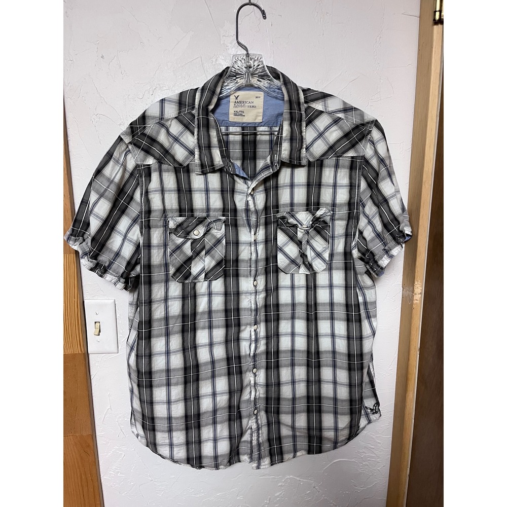 American Eagle Mens XXL Vintage Fit Plaid Western Snap Short Sleeve Shirt Black